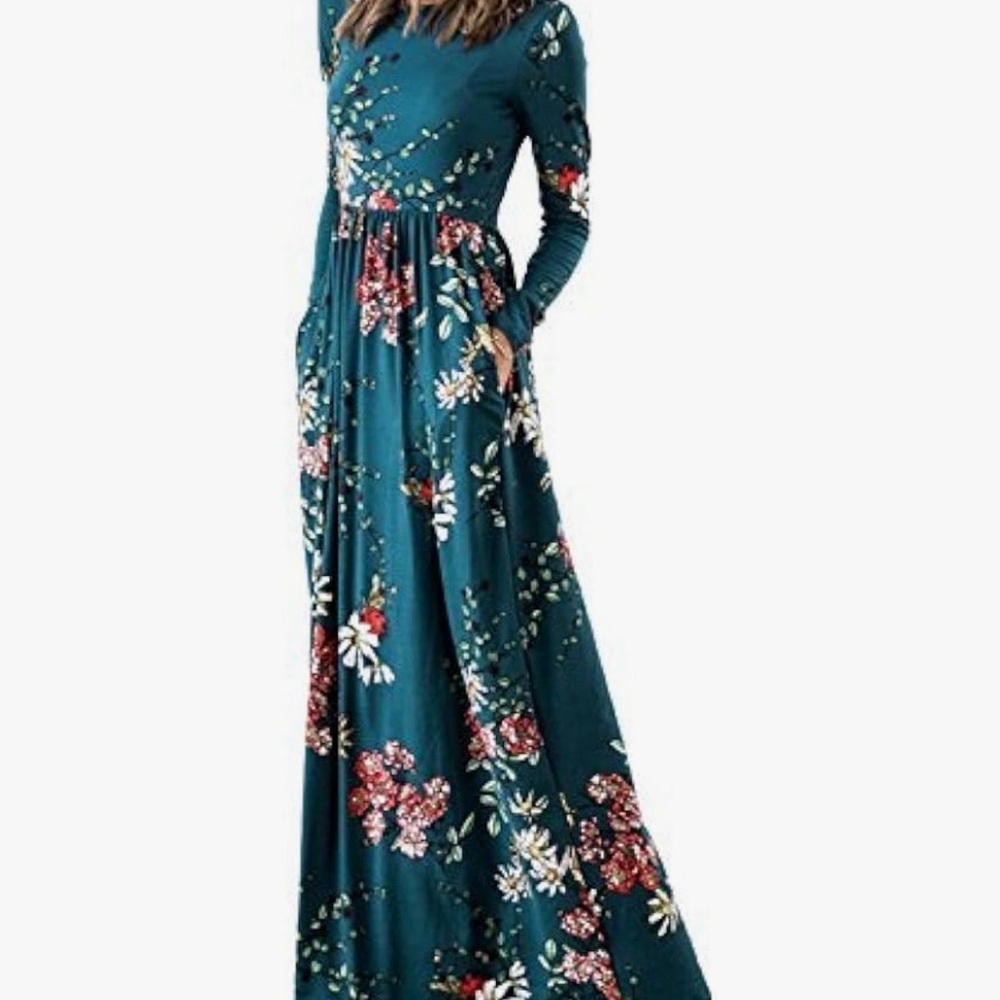 Teal Floral Long Sleeve Maxi Dress